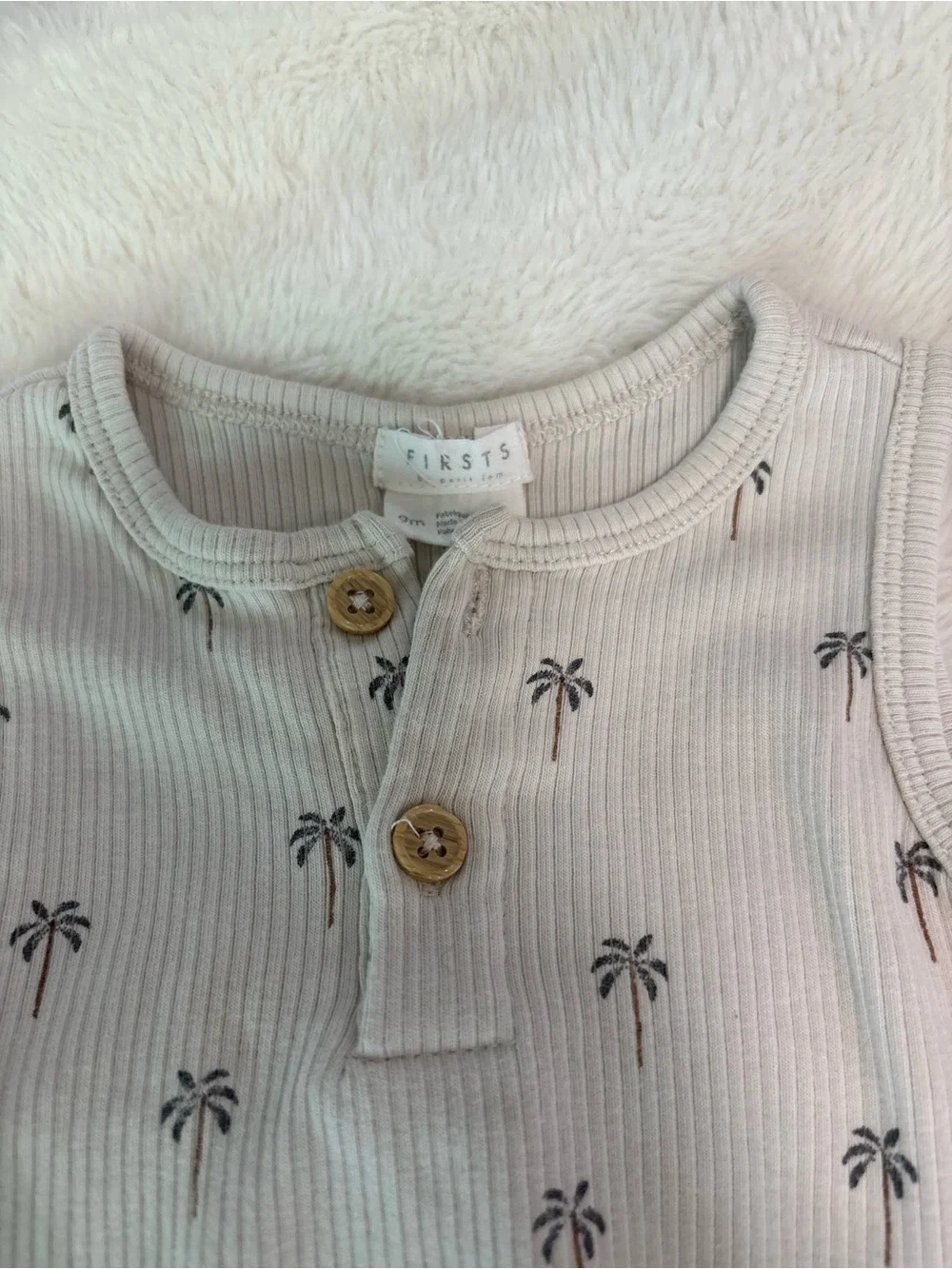 Sleeveless Ribbed Baby One-Piece in Light Cream with Palm Print